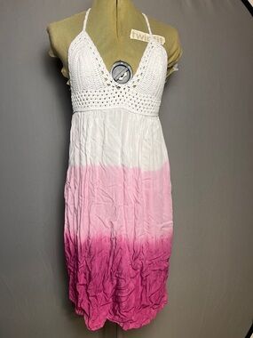 Crochet Halter Ombre Mini Dress in White & Pink